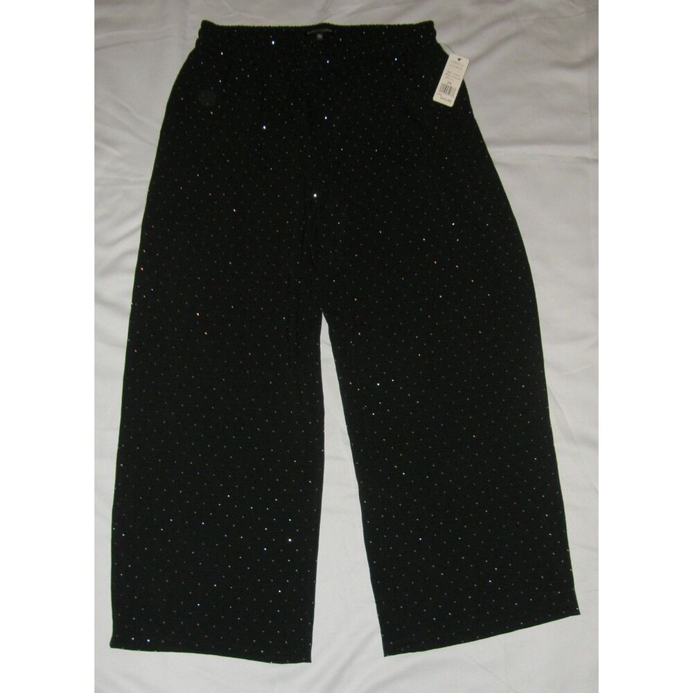 SABRINA LAUREN Black & Sparkly Polka Dot Plus Sz 2X Pull On Wide Leg Pants NEW